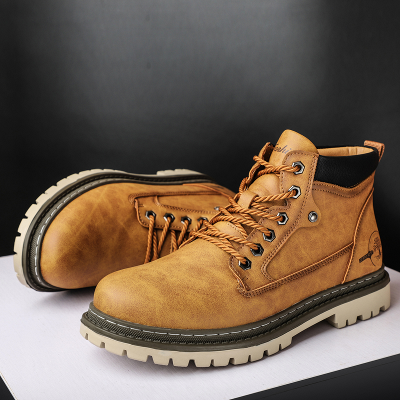 Leather Work Boots - Men's High-Top British Style Motorcycle Boots