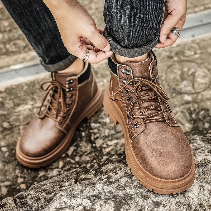 Leather Work Boots - Four-season High-top Boots in Solid Color