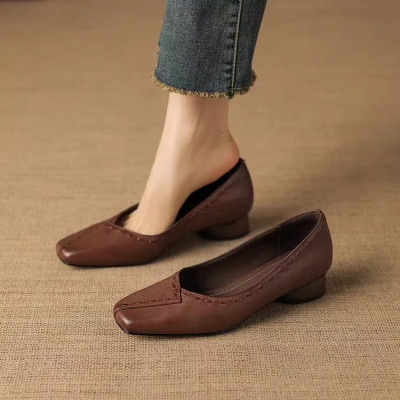 Leather Work Outfit - Elegant Square Toe Chunky Heel Flats
