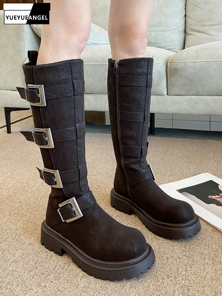 Fashion Women Multi Buckle Kne - đánh giá và giá Leather Work Boots